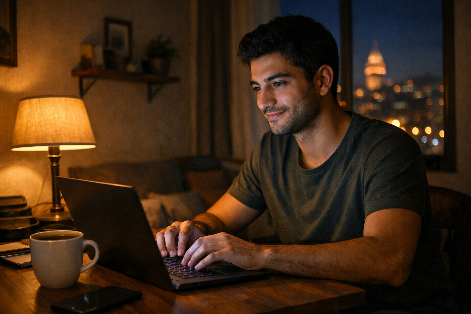 Gece evde bilgisayar basinda programlama ogrenen genc